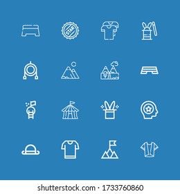 Editable 16 top icons for web and mobile. Set of top included icons line Shirt, Mountain, Tshirt, Bowler, Favorite, Magic hat, Circus tent, Goal, Step, Mountains on blue background