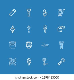 Editable 16 torch icons for web and mobile. Set of torch included icons line Flashlight, Torch, Eye tap, Blowpipe, Amphora, Weld, Welding on blue background