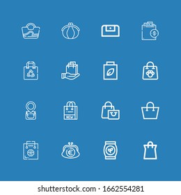 Editable 16 tote icons for web and mobile. Set of tote included icons line Shopping bag, Bag, Purse on blue background