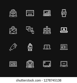 Editable 16 touch icons for web and mobile. Set of touch included icons line Laptop, Drawing tablet, Hand, Devices, Online payment, Keypad on black background