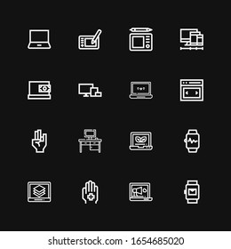 Editable 16 touch icons for web and mobile. Set of touch included icons line Smartwatch, Laptop, Hand, Desktop, Slider, Devices, Online payment, Screens, Graphic tablet on black background