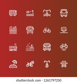 Editable 16 tour icons for web and mobile. Set of tour included icons line School bus, Bicycle, Island, Bus, Sea, Segovia on red