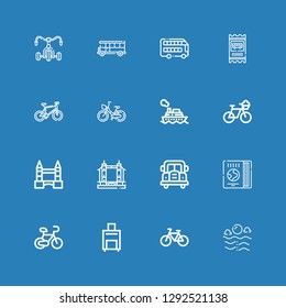 Editable 16 tour icons for web and mobile. Set of tour included icons line Sea, Bicycle, Luggage, Travel guide, Bus, Tower bridge, Cruise, Bus ticket on blue background