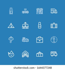 Editable 16 tourist icons for web and mobile. Set of tourist included icons line Caravan, Tent, Arch, Canteen, Info, Suitcase, Umbrella, Waiting room, Bus stop on blue background