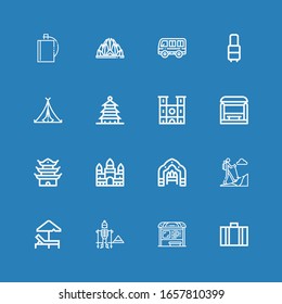 Editable 16 tourist icons for web and mobile. Set of tourist included icons line Suitcase, Bus stop, Hiking, Sunbed, Arch, Angkor wat, Pagoda, Notre dame, Tent on blue background