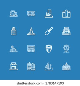 Editable 16 íconos de ciudad para web y móvil. Conjunto de ciudad incluido íconos línea Vaticano, Edificio, Centro Comercial, Bar, Valencia, Arquitectura, Carrera, Hallgrimfalkja, Mansión sobre fondo azul