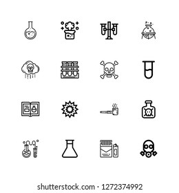 Editable 16 toxic icons for web and mobile. Set of toxic included icons line Gas mask, Cigarette, Flask, Chemistry, Toxic, Smoking pipe, Explosion, Test tube on white background