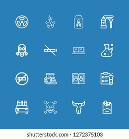 Editable 16 toxic icons for web and mobile. Set of toxic included icons line Cigarette, Skull, Test tube, Science, Chemistry, Flask, No smoking, Tube, No smoke on blue background
