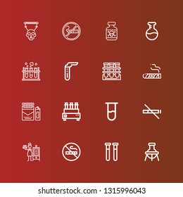 Editable 16 toxic icons for web and mobile. Set of toxic included icons line Flask, Test tubes, No smoking, Smoker, No smoke, Test tube, Cigarette, Cigar, Tube, Chemistry on red