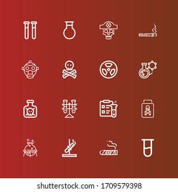 Editable 16 iconos tóxicos para la web y el móvil. Conjunto de íconos tóxicos incluidos línea Tubo de prueba, Cigar, Matraz, Veneno, Ciencia, Tubos, Tóxico, Radioactivo, Calavera, Máscara de gas, Cigarrillo en rojo