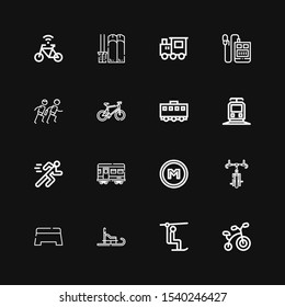 Editable 16 track icons for web and mobile. Set of track included icons line Bicycle, Chairlift, Luge, Step, Metro, Train, Running, Race, Voice recorder, Ski on black background