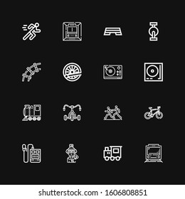 Editable 16 track icons for web and mobile. Set of track included icons line Train, Skier, Voice recorder, Bicycle, Marathon, Locomotive, Turntable, Railway on black background