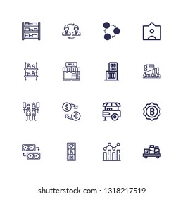 Editable 16 trade icons for web and mobile. Set of trade included icons line Shelf, Analysis, Exchange, Bitcoin, Food stand, Trade, Mall, Shopping center, Tag on white background