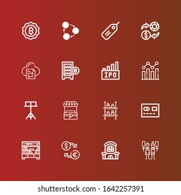 Editable 16 trade icons for web and mobile. Set of trade included icons line Trade, Mall, Exchange, Shelves, Mastercard, Shelf, Stand, Analysis, Ipo, Digital currency, File transfer on red