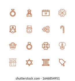 Editable 16 tradition icons for web and mobile. Set of tradition included icons line Ring, Torah, Judaism, Ireland, Fakir, Clover, Easter eggs, Candy cane on white background