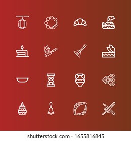 Editable 16 traditional icons for web and mobile. Set of traditional included icons line Sword, Boomerang, Bell, Pottery, Thai, Amphora, Hourglass, Bowl, Headdress, Balalaika on red