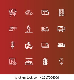 Editable 16 traffic icons for web and mobile. Set of traffic included icons line Traffic light, Tram, Parking, Truck, Van, Pedestrian, Helicopter, Railway, Caravan, Car on red