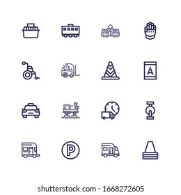 Editable 16 traffic icons for web and mobile. Set of traffic included icons line Cone, Caravan, Parking, Pedal, Delivery truck, Train, Taxi, Gps, Forklift on white background