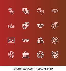 Editable 16 tragedy icons for web and mobile. Set of tragedy included icons line Mask, Theater, Diaspora, Masks, Theatre on red