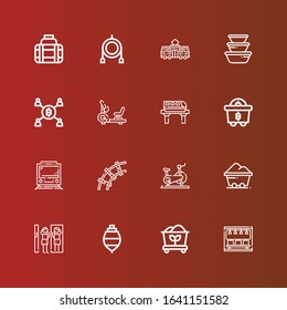 Editable 16 train icons for web and mobile. Set of train included icons line Subway, Coal, Spinning top, Amusement park, Stationary bike, Railway, Train, Mining, Container on red