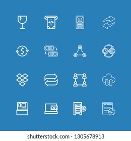 Editable 16 transfer icons for web and mobile. Set of transfer included icons line File, Digital currency, Online payment, Cash machine, Transfer, Network, Dropbox on blue background