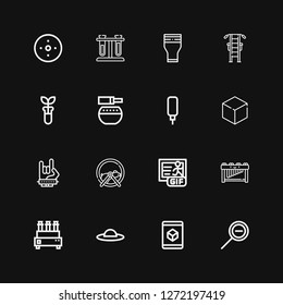 Editable 16 transparent icons for web and mobile. Set of transparent included icons line Zoom out, Cube, Pamela, Test tube, Marimba, Gif, Hamster ball, Maloik on black background