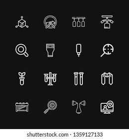 Editable 16 transparent icons for web and mobile. Set of transparent included icons line Videocall, Chest expander, Magnifying glass, Marimba, Sash, Test tubes on black background