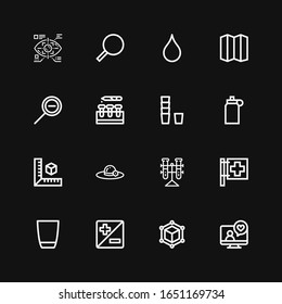 Editable 16 transparent icons for web and mobile. Set of transparent included icons line Videocall, Cube, Zoom, Glass, Red cross, Tubes, Pamela, Isotonic, Test tube on black background