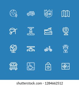 Editable 16 transport icons for web and mobile. Set of transport included icons line Package, Delivery, Parking, Bus, Pilot, Bicycle, Car, Earth, Globe, Yatch on blue background