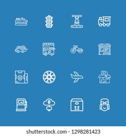 Editable 16 transport icons for web and mobile. Set of transport included icons line Pilot, Box, Mining, Gas pump, Recycling box, Airplane, Spoke wheel, Parcel on blue background