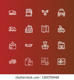 Editable 16 transport icons for web and mobile. Set of transport included icons line Package, Box, Car, Gasoline, Boat, Van, Map, Urban, Truck, Taxi, Drone, Gas pump, Concrete mixer on red