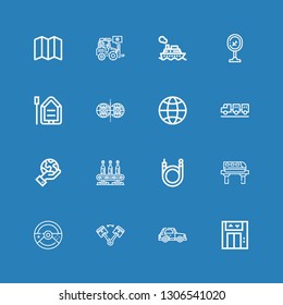 Editable 16 transport icons for web and mobile. Set of transport included icons line Lift, Car, Piston, Train, Bicycle, Conveyor, Planet earth, Carrier, Globe on blue background