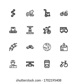 Editable 16 transport icons for web and mobile. Set of transport included icons line Bike, Jam, Car, Delivery man, Package, Globe, Taxi, Railway, Caravan, Bicycle on white background