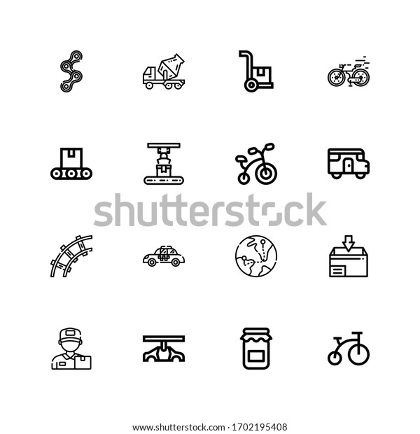 Editable 16\
transport icons for web and mobile. Set of transport included icons\
line Bike, Jam, Car, Delivery man, Package, Globe, Taxi, Railway,\
Caravan, Bicycle on white\
background