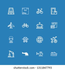 Editable 16 transportation icons for web and mobile. Set of transportation included icons line Cruise, Helicopter, Harbor crane, Bicycle, Worldwide, School bus on blue background