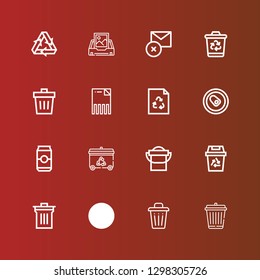 Editable 16 trash icons for web and mobile. Set of trash included icons line Garbage, Trash, Recycling, Bin, Bucket, Recycling bin, Can, Recycle, Delete, Inbox on red