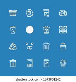 Editable 16 iconos de basura para web y móvil. Conjunto de basura incluida línea de iconos Trash can, Book reciclados, Delete, Bin, Bucket, Filter, Recycling, Inboxes en fondo azul