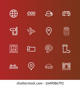 Editable 16 travel icons for web and mobile. Set of travel included icons line Train, Sailor hat, Location, Pier, Boots, Path, Yoga mat, Metro, Sleeping bag, Airplane, Dive on red