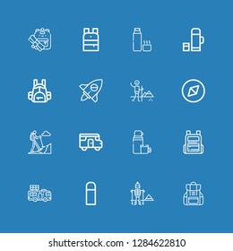 Editable 16 traveler icons for web and mobile. Set of traveler included icons line Backpack, Hiking, Thermo, Caravan, Adventure, Thermos on blue background