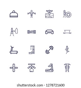 Editable 16 treadmill icons for web and mobile. Set of treadmill included icons line Gym station, Treadmill, Gym, Fitness, Exercise, Resistance band on white background