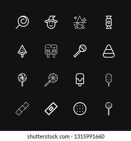 Editable 16 treat icons for web and mobile. Set of treat included icons line Lollipop, Biscuit, Bandage, Cotton candy, Popsicle, Candy corn, Candy, Witch on black background
