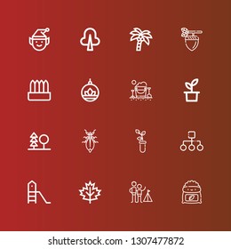Editable 16 tree icons for web and mobile. Set of tree included icons line Fertilizer, Camping, Leaf, Playground, Structure, Sprout, Leaf insect, Forest, Plant, Sand bucket on red