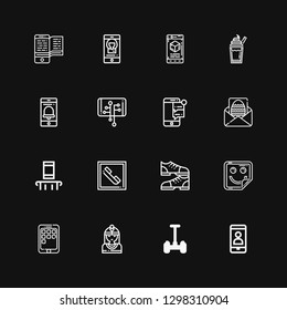 Editable 16 trendy icons for web and mobile. Set of trendy included icons line Phone, Segway, Native american, Sticker, Shoes, Telephone, Smartphone, Letter on black background