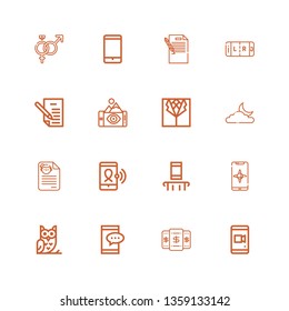 Editable 16 trendy icons for web and mobile. Set of trendy included icons line Smartphone, Owl, CV, Moon, Suit, Letter, Symbol on white background