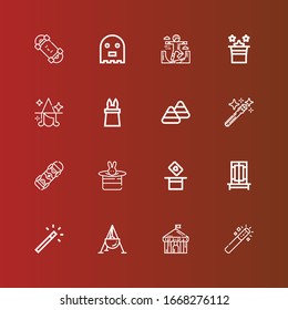 Editable 16 trick icons for web and mobile. Set of trick included icons line Magic wand, Circus, Cauldron, Trick, Magic, Skateboard, Candy corn, Witch, Ghost on red