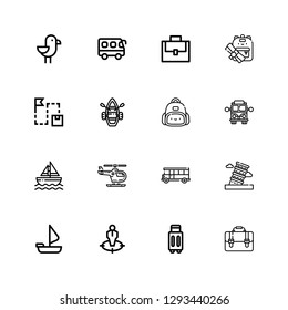 Editable 16 trip icons for web and mobile. Set of trip included icons line Briefcase, Suitcase, Position, Sailing boat, Pisa, Bus, Helicopter, Sailboat, School bus on white background