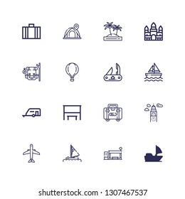 Editable 16 trip icons for web and mobile. Set of trip included icons line Sail boat, Bus stop, Sail, Aircraft, Croatia, Briefcase, Caravan, Sailboat, Swiss army knife on white background
