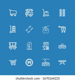 Editable 16 trolley icons for web and mobile. Set of trolley included icons line Stretcher, Tram, Metro, Shopping cart, Food stall, Coal, Trolley, Cableway on blue background