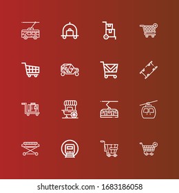 Editable 16 iconos de carro para la web y el móvil. Conjunto de carritos incluidos íconos línea de la compra carro de la compra, Trole, Ferrocarril, Stretcher, Cableway, tranvía, puesto de comida, equipaje, buggy en rojo