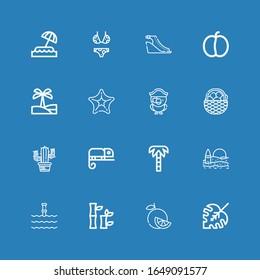 Editable 16 iconos tropicales para web y móvil. Conjunto de íconos tropicales incluidos línea Monstera hoja, naranja, bambú, submarino, playa, palmera, Chameleon, Cactus sobre fondo azul